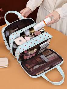 Large Capacity Polka Dot 3-Layer Makeup Bag, Travel Portable Partitioned Storage Toiletry Bag, Back To School Organizer, Holiday Gift For Friends - Multicolor - View 1