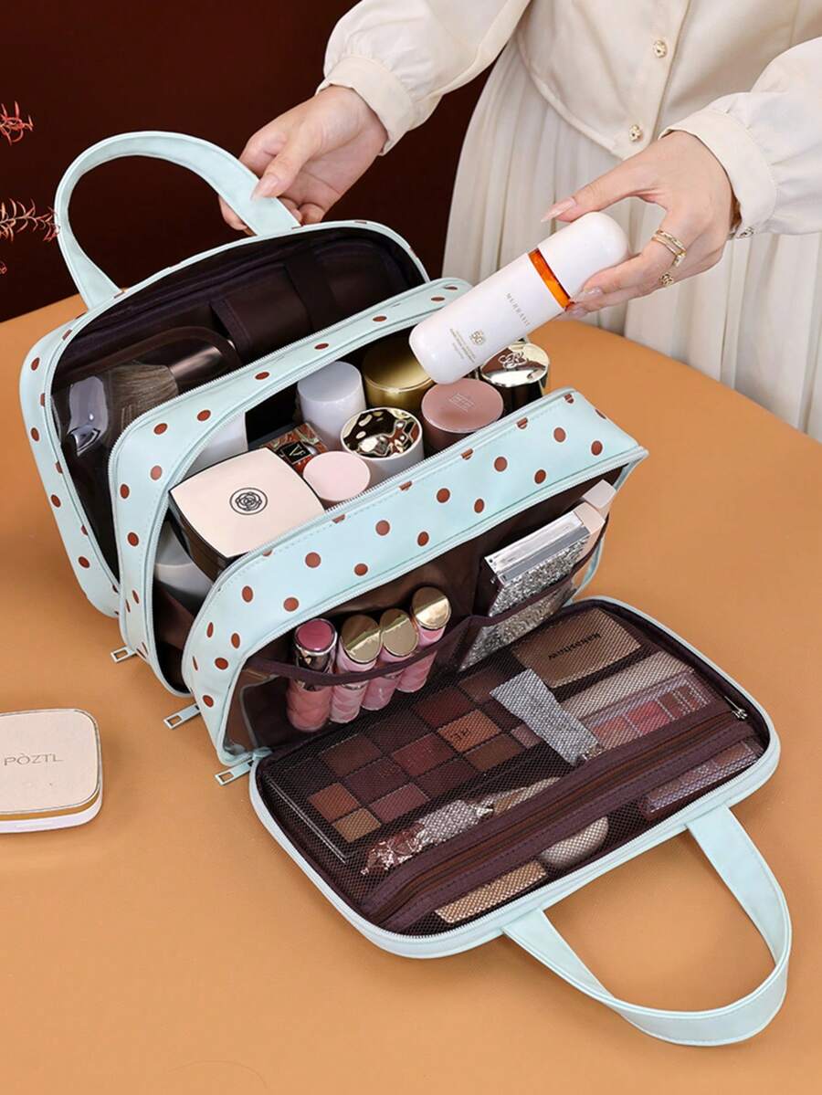 Large Capacity Polka Dot 3-Layer Makeup Bag, Travel Portable Partitioned Storage Toiletry Bag, Back To School Organizer, Holiday Gift For Friends - Multicolor - View 1