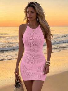 Women's Summer Solid Color Sexy Minimalist Hollow Out See-Through Backless Beach Vacation Tie-Up Short Dress Pink - Pink - View 2