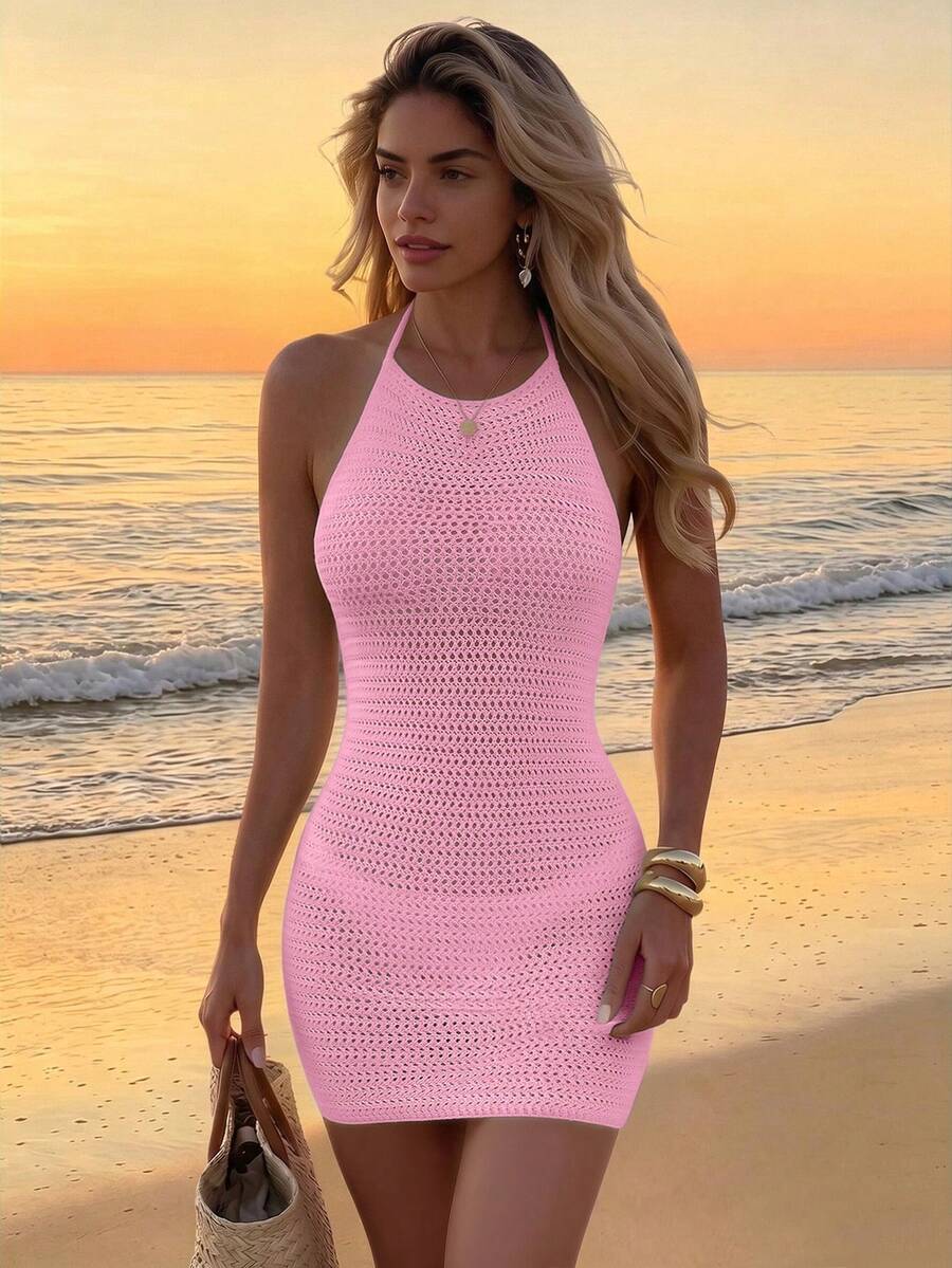 Women's Summer Solid Color Sexy Minimalist Hollow Out See-Through Backless Beach Vacation Tie-Up Short Dress Pink
