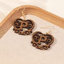 Women's Personalized Initial Wooden Earrings, Hollow Heart Daisy Flower Pattern 26 Letter Dangle Earrings - Brown - View 16