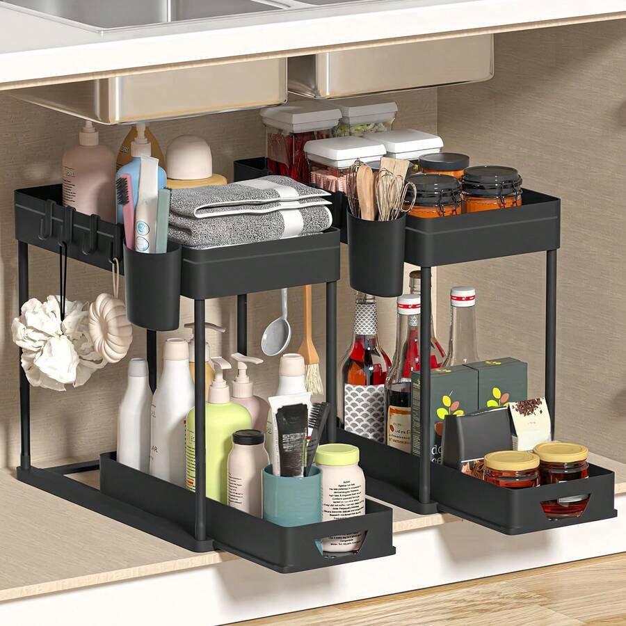 1pc Under Sink Storage Rack, 2-Tier Organizer With Hooks And Hanging Cups, Suitable For Under Sink, Kitchen, Bathroom And More, Space-Saving Multi-Functional