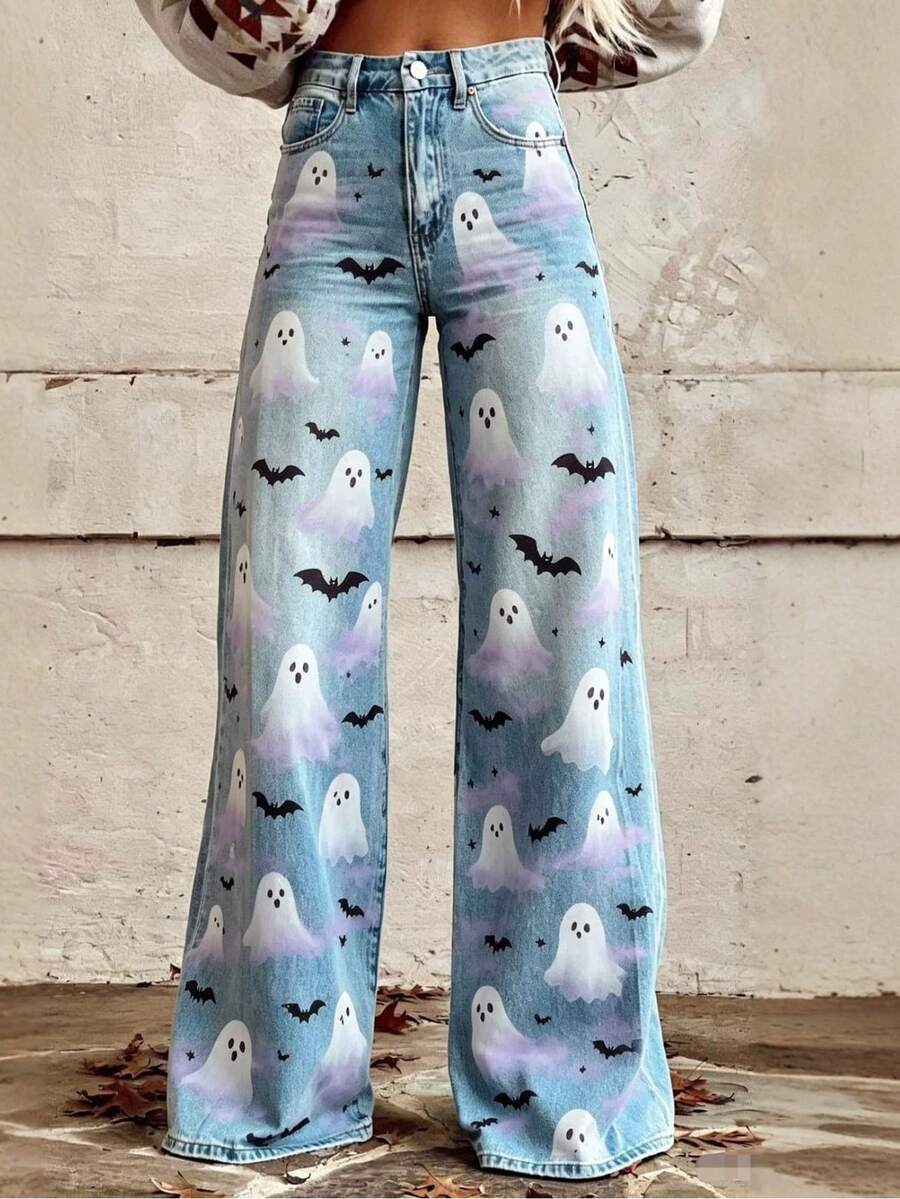 Women's Denim Wide-Leg Pants With Halloween Pumpkin, Bat, And Spider ...