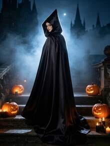 黑色連帽長披風，萬聖節女巫 Cosplay 斗篷－附超大連帽萬聖節幽靈 Cosplay 套裝披風，適合舞台表演、Cosplay、聖誕禮物，送給家人的完美禮物 - 黑色 - 查看 6