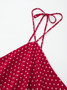 Vestido sin mangas con tirantes finos, volantes, lunares, capas y cuello halter - Rojo - Ver 3