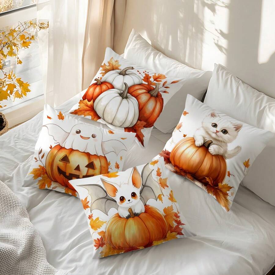 4pcs Halloween Pumpkin Decorative Pattern Single-Sided Printed Pillow Covers/Cushion Covers, Multi-Scene Atmosphere Decoration Pillow Covers Suitable For Living Room, Sofa, Bedroom, Without Pillow Insert - Multicolor - View 1
