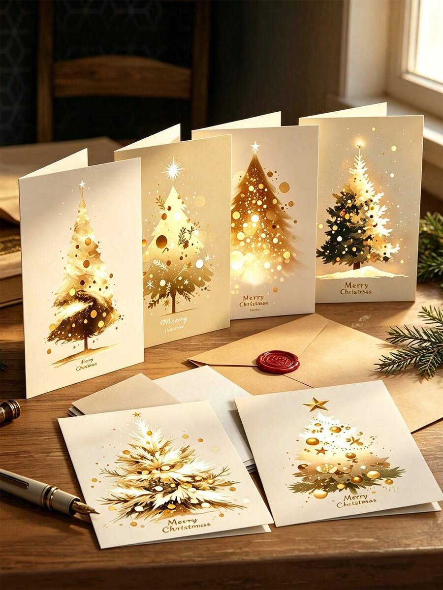 6 Sets Christmas Card Set With Envelopes - Gold Christmas Tree Design - Suitable For Parties, Holiday Greetings, Gifts, Birthdays And Creative Card Making - Multicolor - View 1