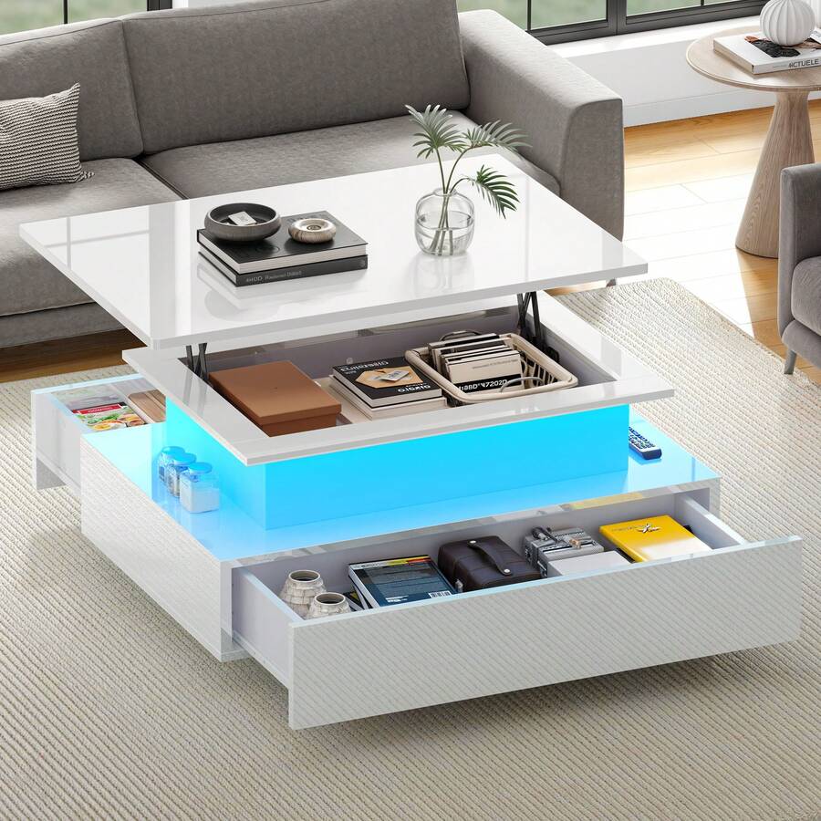 BALCONERA GeoTower Lift Top Coffee Table – High Glossy Modern Wooden Rectangle Tea Table With LED Strip & 2 Drawers - White - View 1