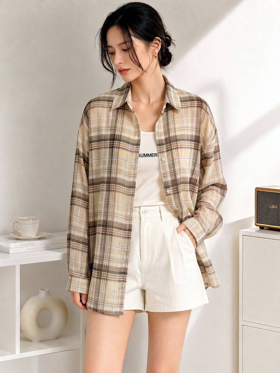 YUXIN Women's Retro Checkered Shirt, Long Sleeved Button Down Jacket, Loose Fit Layered Piece For Daily Camping And Commuting Wear
