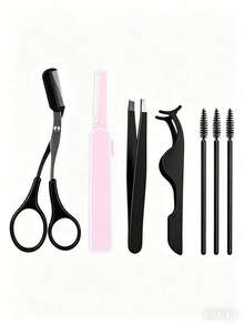 Set de 7 piezas de herramientas para cejas y pestañas: tijeras planas, rizador de pestañas, herramientas para dar forma a las cejas, tijeras inclinadas, tijeras telescópicas para recortar cejas con red protectora de aumento, tijeras manuales para cejas para mujer, herramientas de depilación para principiantes - Multicolor - Ver 6