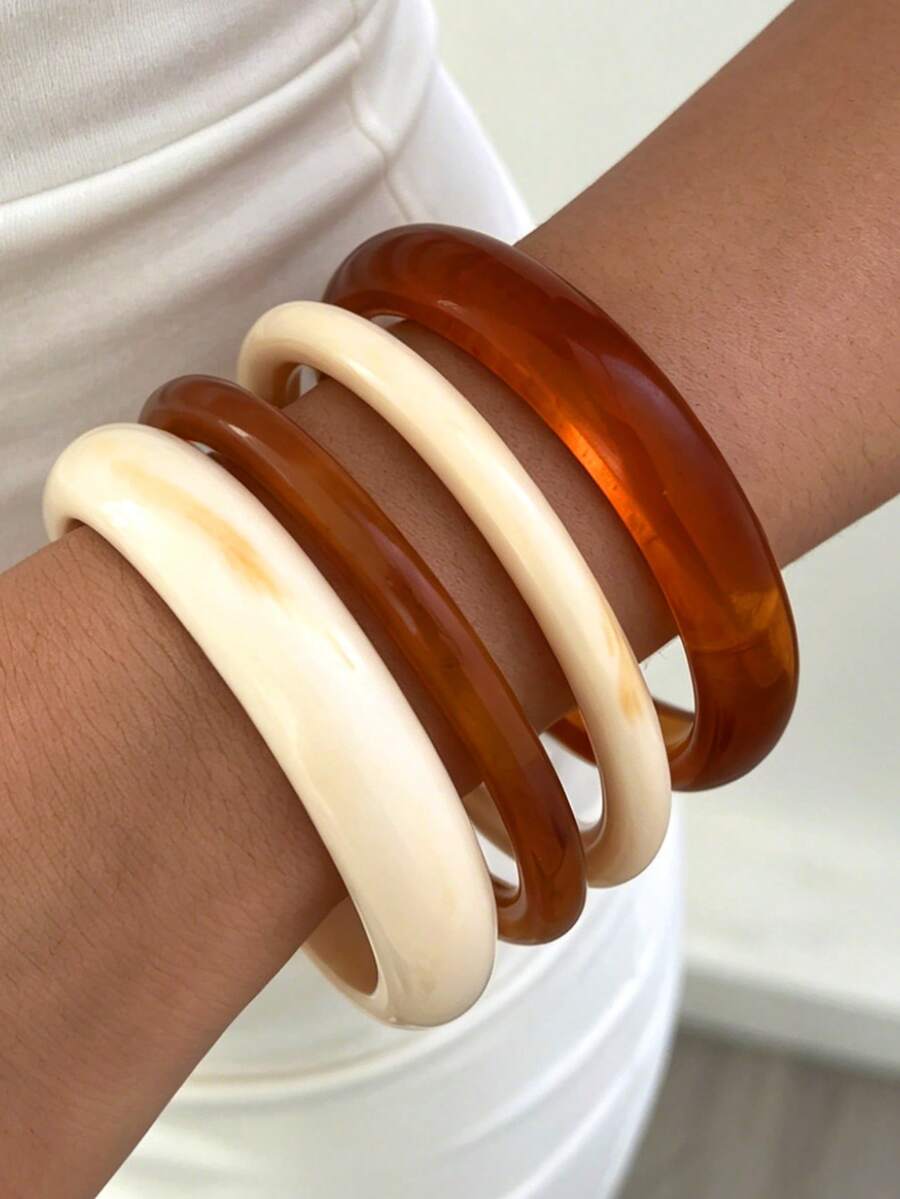 4pcs Vintage Minimalist Casual Women's Round Plain Acrylic Bracelets, Multicolor Coffee Color, Suitable For Daily Wear And Summer Beach Vacation, Stackable, Perfect Gift For Holidays - Multicolor - View 1