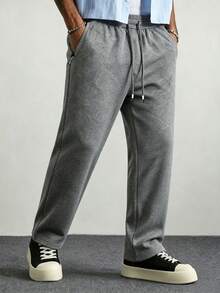 Men's Gray Loose Wide Leg Sweatpants, Casual Lounge Pants, Seam Detail Design, Drawstring Waist, Side Pockets Sports Fall - Dark Grey - View 2