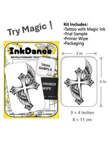 1 Set "Winged Cross" Revolutionary Technology Tattoo Stickers, Semi-Permanent Tattoos, Temporary Tattoos, Long Lasting, Angel Tattoos, Realistic Tattoos, Waterproof, Lifelike Tattoo Effect, InkDance Ink Dance Plant-Based X054 - Black - View 3