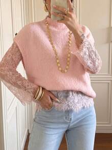 2pcs Pink Knitted Sweater Set, Soft Loose Stand Collar Sleeveless Vest With Lace Patchwork Top, Elegant Style - Pink - View 2