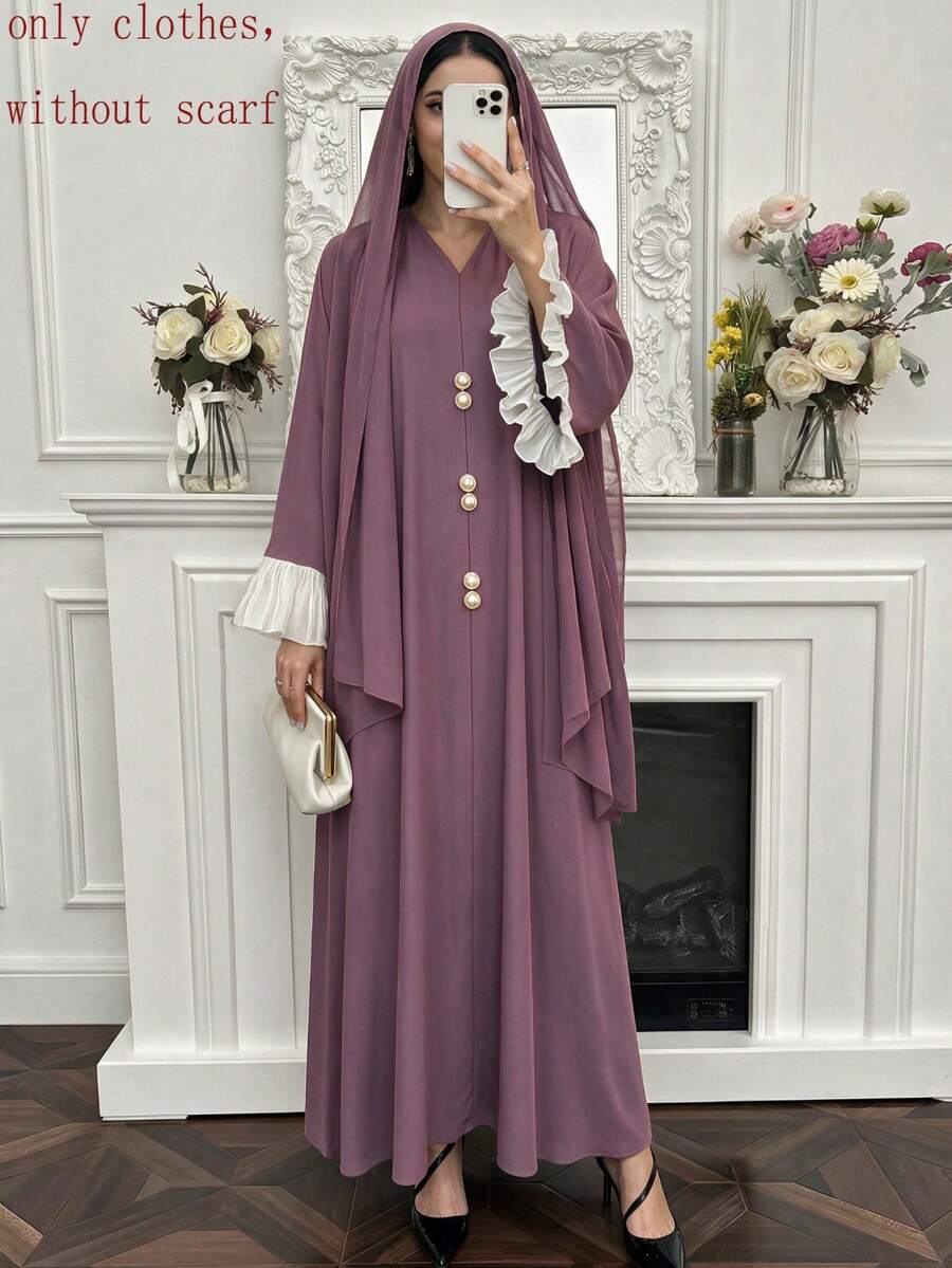 Women's Autumn Solid Color Conservative Long Dress, V-Neck Design With Contrasting Ruffle Cuffs And Decorative Buttons, Casual Loose Fit Dress Fall - Lilac Purple - View 1