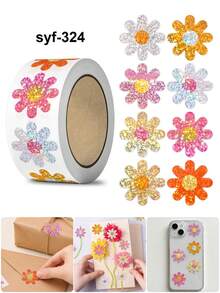 1pc Laser Colorful Flower Series Self-Adhesive Sticker, Shiny Flower Pattern Sticker. Christmas Gift Decoration Label. Inspirational Stationery Sticker. Perfect For Gift Wrapping And Sealing, As Well As Creative Office Stationery Decoration. - Multi-color - View 8