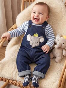 2pcs/Set Baby Boy Casual Comfortable Blue Striped Long Sleeve T-Shirt And Cute Elephant Pattern Embroidered Shoulder Strap Romper Set, Suitable For Autumn - Blue - View 11