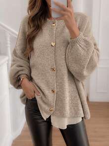 Marisole Women's Casual Daily Dropped Shoulder Long Sleeve Crew Neck Ribbed Button Cardigan, Fashion Basic Commute Travel Vacation Knit Sweater, Autumn/Winter - Camel - View 3