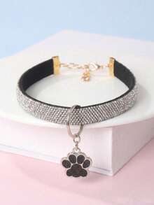 1pc Fashionable Elegant Pet Paw Print Pendant Rhinestone Necklace, Suitable For Pet Cats And Dogs For Indoor And Outdoor Use, Pet Accessory (Not Suitable For Large Dogs) - Black - View 1