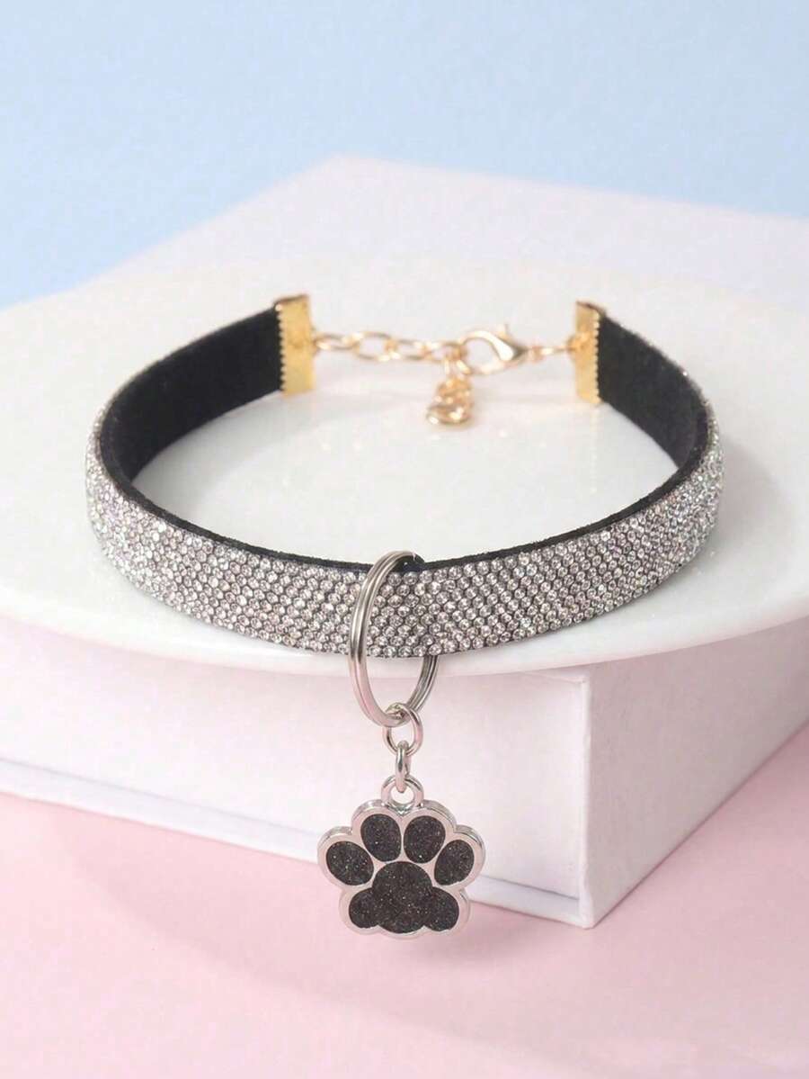 1pc Fashionable Elegant Pet Paw Print Pendant Rhinestone Necklace, Suitable For Pet Cats And Dogs For Indoor And Outdoor Use, Pet Accessory (Not Suitable For Large Dogs) - Black - View 1