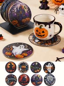 1 Set Halloween Wooden Coasters, Halloween Gothic Style Non-Slip Coasters, Halloween Decoration, Halloween Party Decoration, Halloween Trick Or Treat Decoration, Scary Halloween Decoration, Ghost BOO/Pumpkin/Witch Pattern Coasters, Home Decor, Tabletop Decor - Halloween Mix - View 2