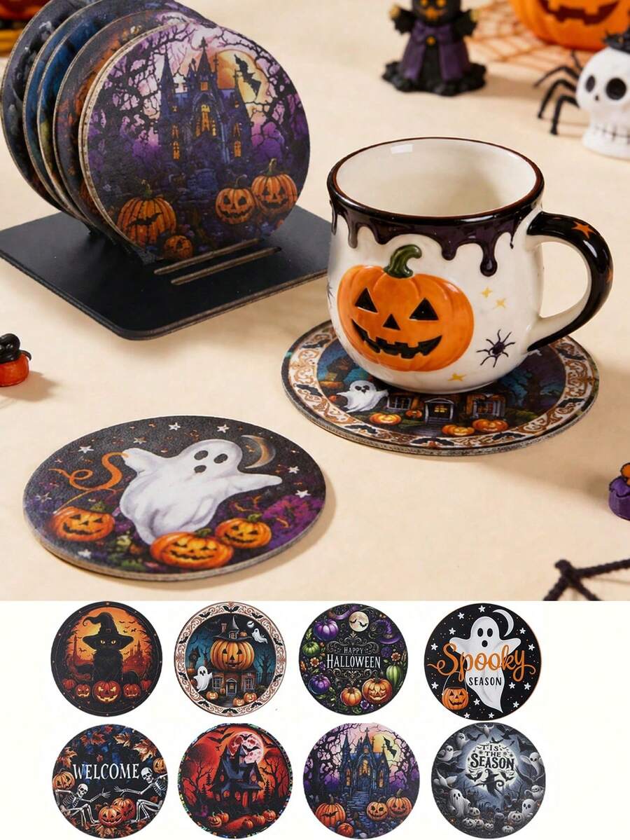 1 Set Halloween Wooden Coasters, Halloween Gothic Style Non-Slip Coasters, Halloween Decoration, Halloween Party Decoration, Halloween Trick Or Treat Decoration, Scary Halloween Decoration, Ghost BOO/Pumpkin/Witch Pattern Coasters, Home Decor, Tabletop Decor