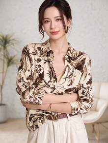 YUXIN 女款緞面水彩腮紅印花領口襯衫，寬鬆長袖輕盈透氣上衣，度假風 - 棕色 - 查看 2