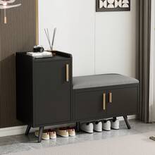 Modern Shoe Bench Shoe Chest Bench With Three Storage Doors, With Asymmetrical Metal Handles And Several Levels For Storage - Dimensions: W100/D34/H69 Cm, 100 X 34 X 68.5 Cm - A - View 4