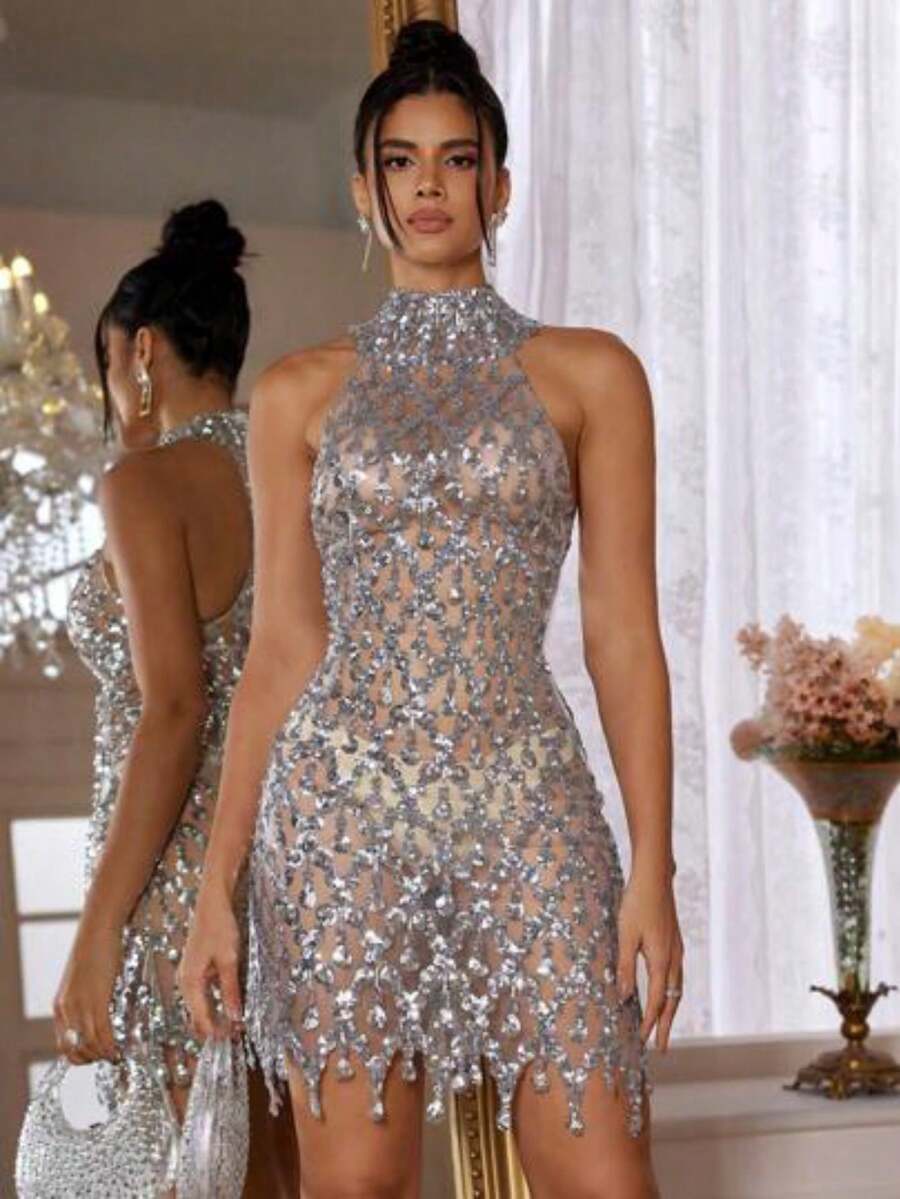 Women Short Dresses - Silver - View 1