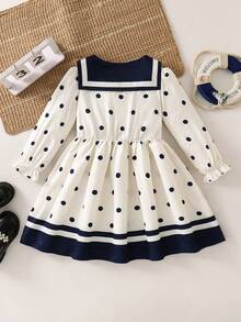 Young Girl Preppy Polka Dot Dress, Collared Bow Elastic Waist Long Sleeve Versatile Dress For Back To School, Spring Autumn Winter - Black and White - View 2