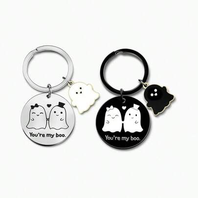 2pcs You're My Boo Ghost Couple Keychain, Halloween Couple Stainless Steel Keyring Bag Charm