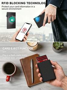 Men's RFID Blocking Wallet Carbon Fiber Pop Up Card Holder Slim Minimalist Credit Card Case With Zipper Coin Pocket & Hasp, Anti-Theft Metal Wallet - Black - View 6