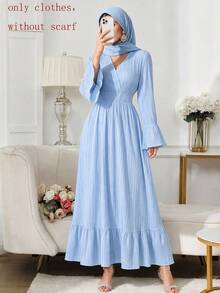 Women's V-Neck Ruffle Hem Ruched Waist Flared Long Sleeve Dress, Elegant All-Season Vacation Fall - Blue - View 1