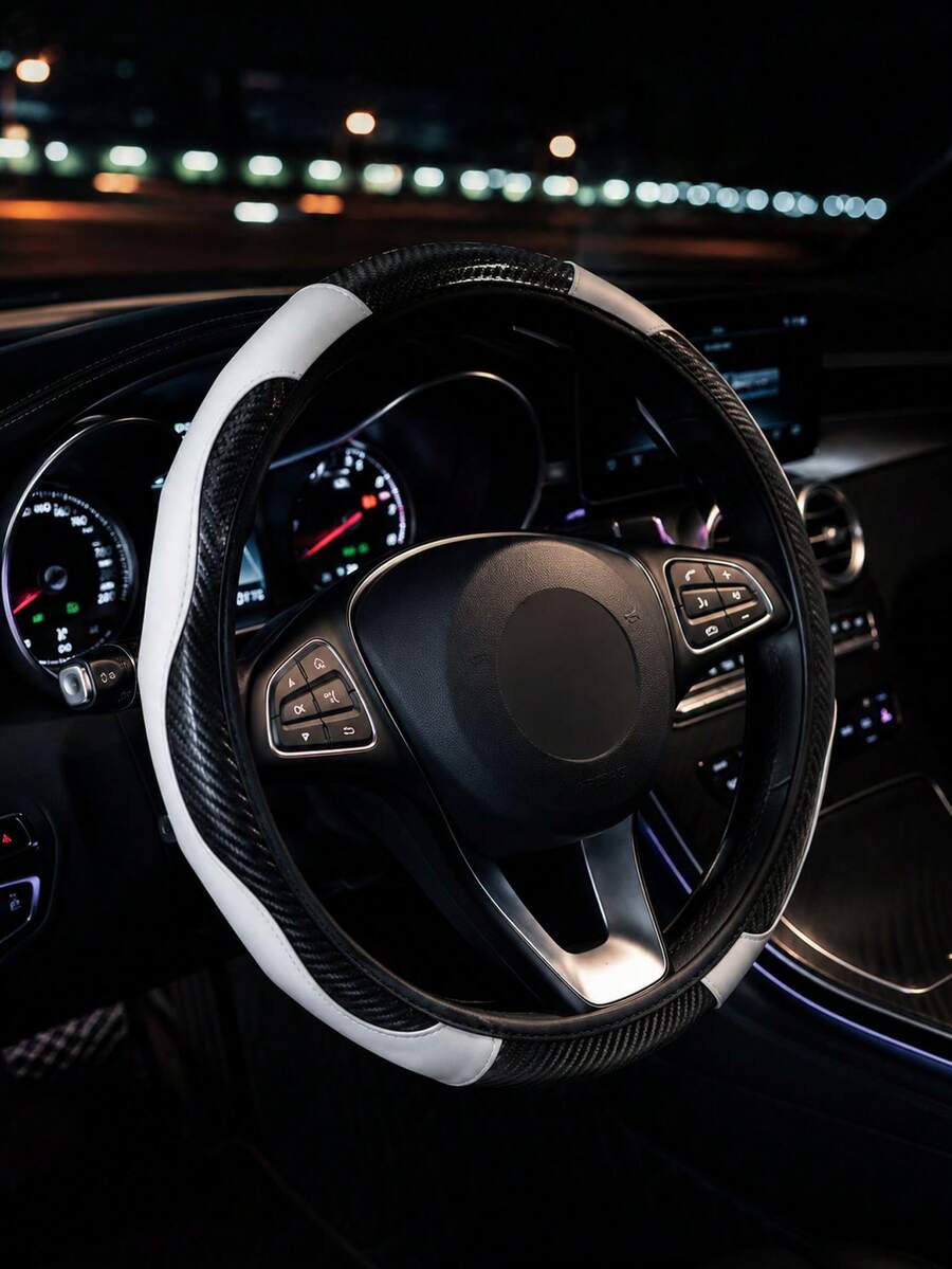 1PC Universal Carbon Fiber Textured Car Steering Wheel Cover, Made Of High-Grade Black And White PU Material, With A Non-Slip Grip Design. A Luxury Car Interior Accessory, Suitable For Sedans/SUVs/Trucks, Ideal For Daily Driving And Road Trips. - Multicolor - View 1