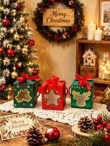 5pcs/10pcs Christmas Window Gift Boxes, Thickened White Cardboard Square Shape, Ribbon Handle With Bow, Unique Transparent Window, Christmas Tree Star Reindeer Pattern, Easy To Fold Candy Dessert Packaging Gift Box, Suitable For Christmas New Year Party Children Gifts - View 4