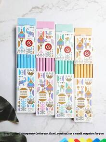 12pcs/Box Random Fresh Style Black HB Pencils With Eraser + 1pc Random Pencil Sharpener, Student Learning & Exam Pencil Set, Back To School Stationery Supplies - Multicolor - View 7