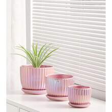 Pink Plant Pots,Ceramic Planters With Drainage Holes And Saucers Set Of 3 | Ceramic Planters For Indoor Plants | Cute Plant Pots | Mode - Pink - View 6