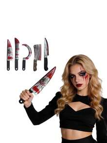 1 buah Pisau Berdarah Realistis untuk Halloween, Perlengkapan Foto Pesta, Pisau Dapur Plastik, Pisau Lancip, Golok dan Sabit Berdarah, Perlengkapan Foto Booth Pesta - MultiWarna - View 1