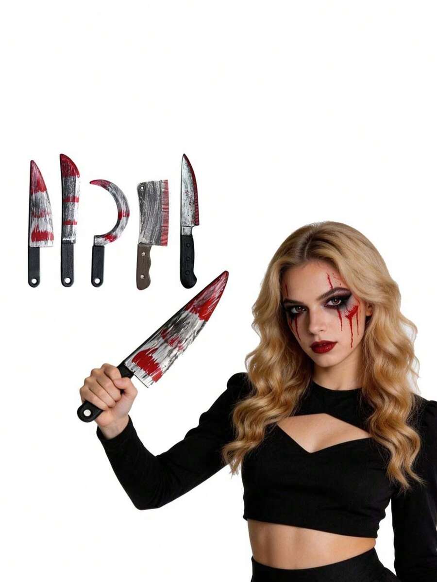 1 buah Pisau Berdarah Realistis untuk Halloween, Perlengkapan Foto Pesta, Pisau Dapur Plastik, Pisau Lancip, Golok dan Sabit Berdarah, Perlengkapan Foto Booth Pesta - MultiWarna - View 1
