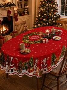 1pc Christmas Tablecloth, Santa Claus, Snowman, Christmas Tree Pattern, Christmas Wreath Design, Rectangular/Oval/Round, Suitable For Christmas Eve Party, Christmas Decoration, New Year Celebration, Living Room, Kitchen Decor - Multicolor - View 12