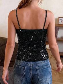 Teen Girls Black Sequin Spaghetti Strap Tank Top, Sleeveless Square Neck Slim Fit Shiny Vest, Suitable For Party, Nightclub, Evening Events - Black - View 2