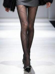 Silver Thread Cross Diamond Pattern Tights, Spring/Summer Slim Fit Design, Black Diamond Pattern Tights - Black - View 9