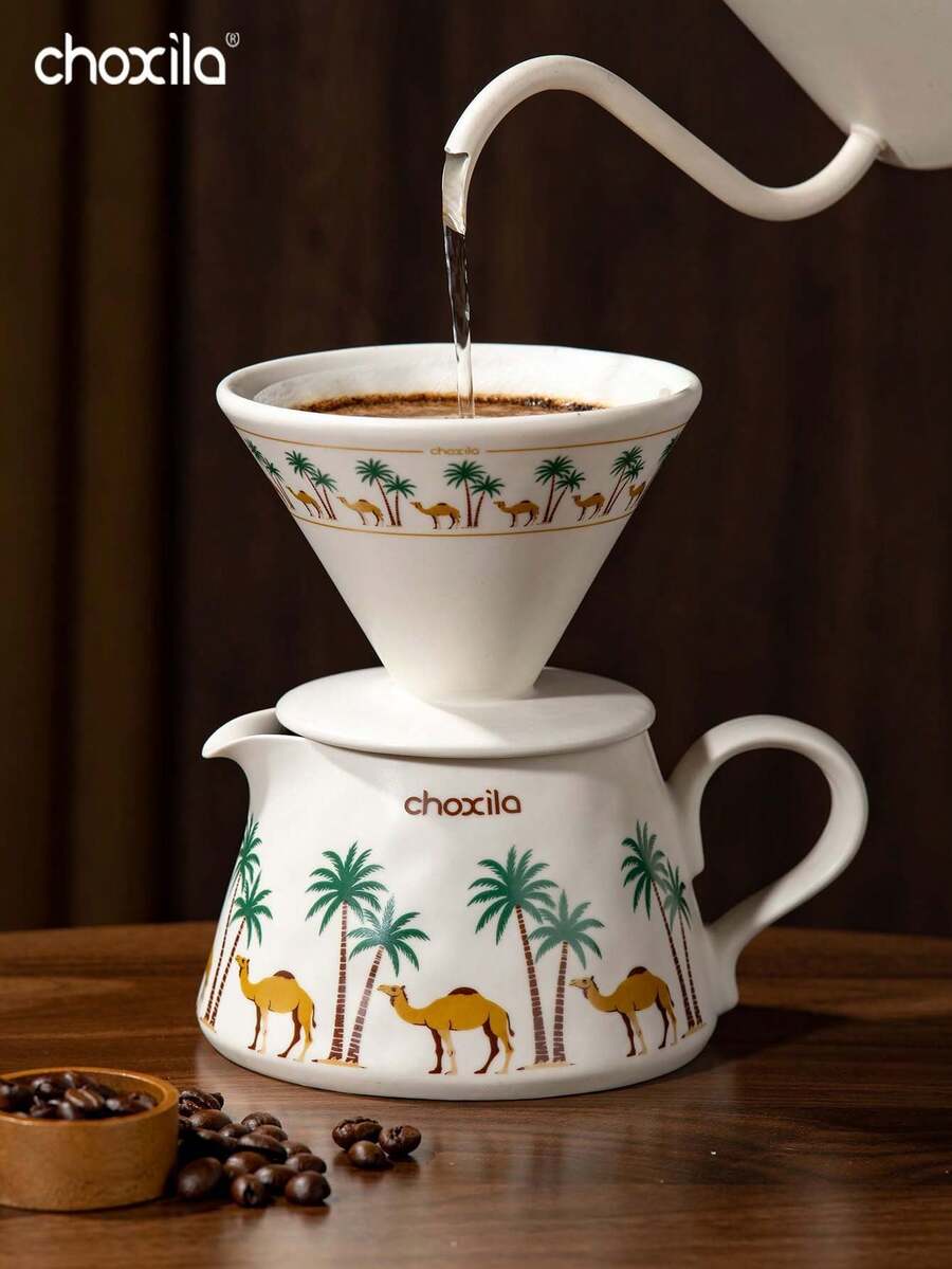 choxila 2pcs/Set Camel & Palm Tree Print Ceramic Coffee Dripper Set, Vintage Pour-Over Coffee Dripper And Server, Home Barista Coffee Brewing Kit, Aesthetic Desktop Decor