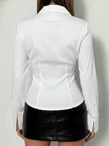 Kemeja Wanita Model Terbaru Musim Panas Lengan Panjang Slim Fit Kancing Depan dengan Kerah, Gaya Olahraga - Putih - View 4