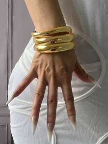 4pcs Unique Wide Cuff Bracelet Set, Gold Wide Thick Bangle Set, Luxury Elegant Style, Gift For Her - Yellow Gold - View 13