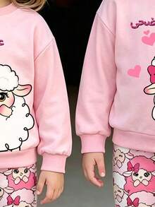Baby Girl Cartoon Print Round Neck Long Sleeve Top And Leggings - Pink - View 4