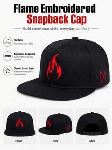 1pc Flame Embroidered Flat Brim Baseball Cap, Hip Hop Adjustable Sun Hat, Street Outdoor Cycling Casual Hat, Unisex - Flame Embroidery Style - View 5