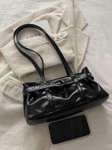 Fashion Solid Color PU Shoulder Bag, Strap Decor, Suitable For Women Shopping, Dating, Gift And Daily Use - Black - View 3