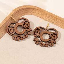 Women's Personalized Initial Wooden Earrings, Hollow Heart Daisy Flower Pattern 26 Letter Dangle Earrings - Brown - View 15