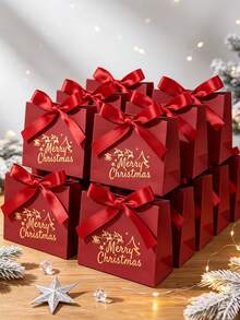 10入精緻蝴蝶結緞帶聖誕禮品袋，迷你酒紅色聖誕樹圖案禮盒，印有「Merry Christmas」文字，適用於聖誕禮物包裝、聖誕派對禮品包裝、派對伴手禮、感謝禮品袋、禮品包裝用品、糖果袋、巧克力糖果袋、聖誕禮物、居家裝飾、房間裝飾、2027新年裝飾、婚禮伴手禮、生日禮物 - 酒紅色 - 查看 9